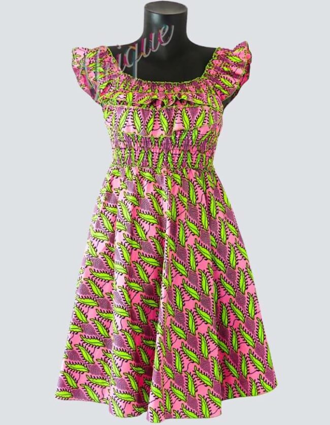 Robe été évasée feuillage, robe évasée wax africain femme. robe courte été wax africain bohème chic femme, robe de bal, robe été, robe de cérémonie femme, robe longue fleurie