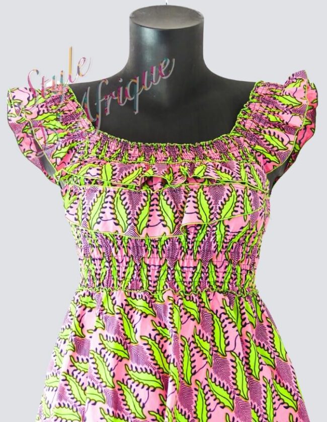 Robe été évasée feuillage, robe évasée wax africain femme. robe courte été wax africain bohème chic femme, robe de bal, robe été, robe de cérémonie femme, robe longue fleurie