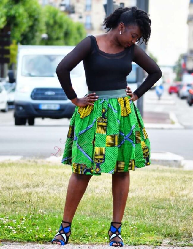 Jupe verte en WAX, Jupe plissée à fermeture, jupe midi africaine wax pagne pour femme fleuri été jupe africaine moderne ethnique