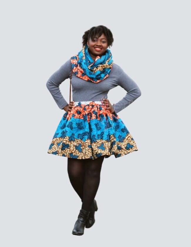 Jupe et snood bleu, jupe midi africaine wax pagne pour femme fleuri été