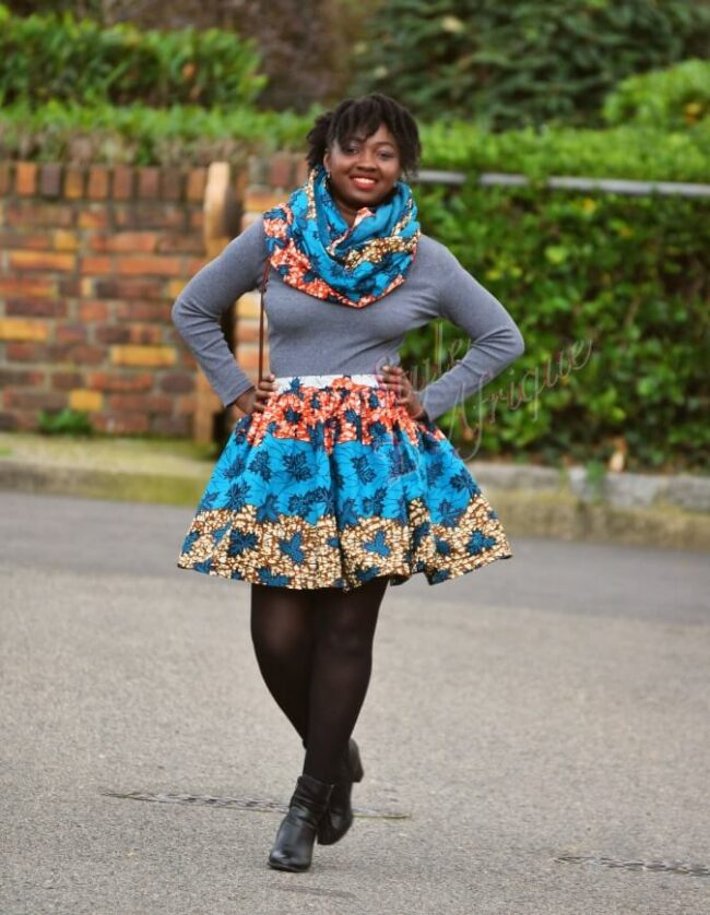 Jupe et snood bleu, jupe midi africaine wax pagne pour femme fleuri été