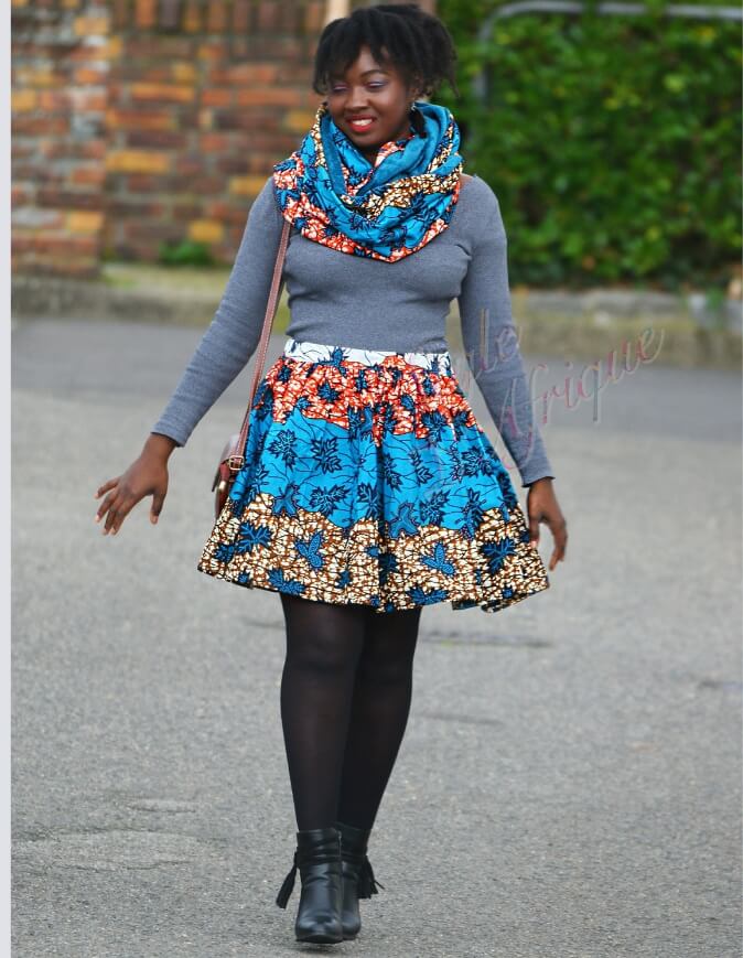 Jupe et snood bleu, jupe midi africaine wax pagne pour femme fleuri été