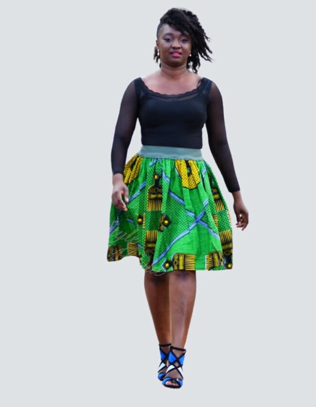 Jupe verte en WAX, Jupe plissée à fermeture, jupe midi africaine wax pagne pour femme fleuri été jupe africaine moderne ethnique