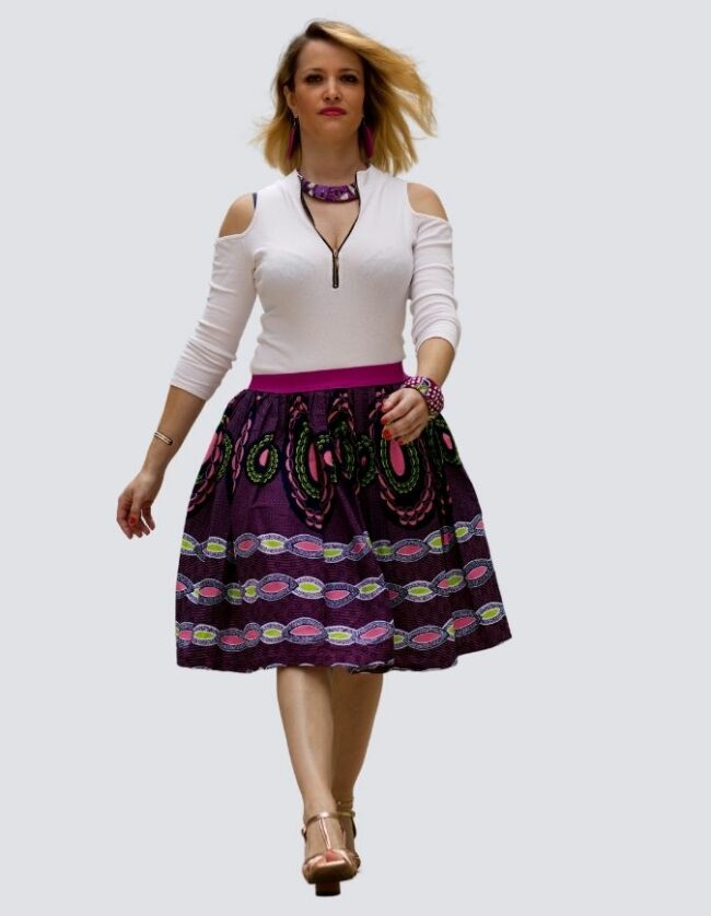 Jupe wax violet élastique jupe patineuse évasée wax africain femme. jupe patineuse wax africaine ethnique jupe midi africaine wax pagne pour femme fleuri été